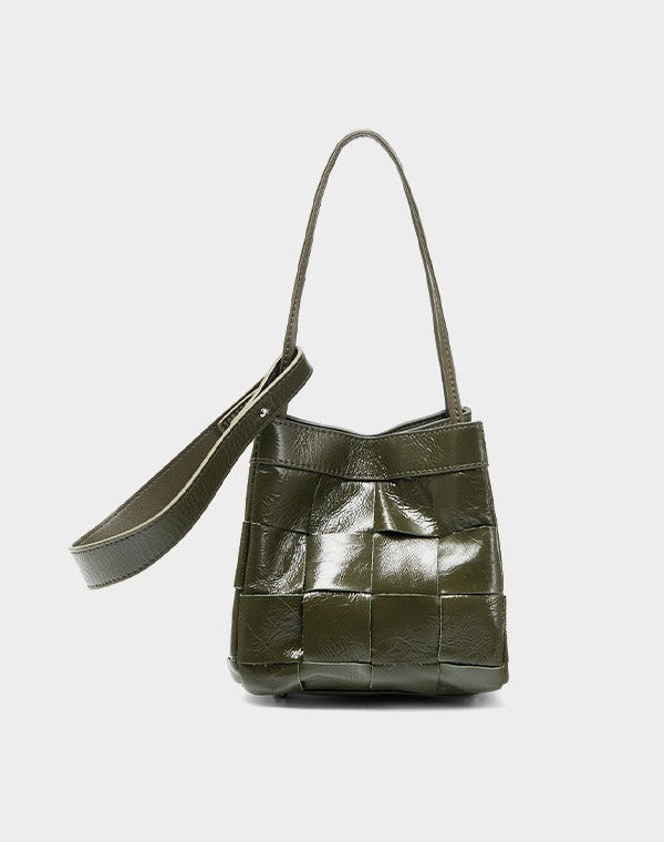 Woven Waxed Leather Crossbody Bucket Bag