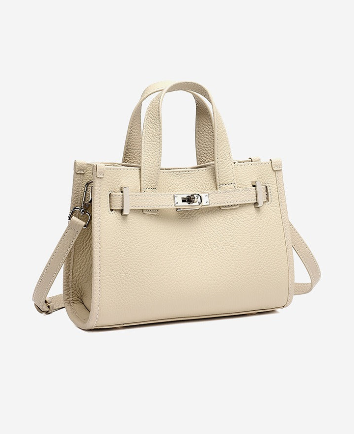 Pebbled Leather Turn-Lock Tote Handbag