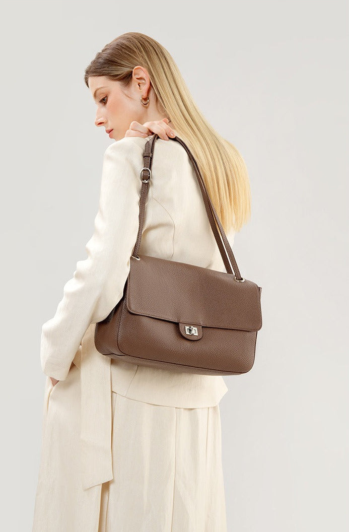 Grained Leather Turn-Lock Shoulder Bag