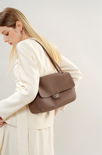 Grained Leather Turn-Lock Shoulder Bag