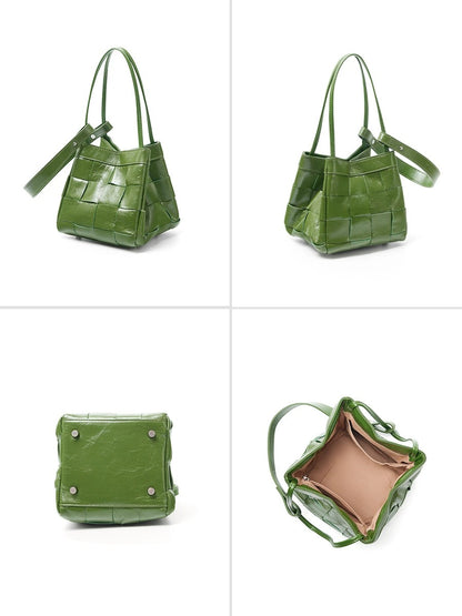 Woven Waxed Leather Crossbody Bucket Bag