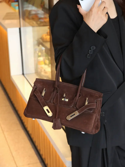 Suede Flap Top-Handle Bag