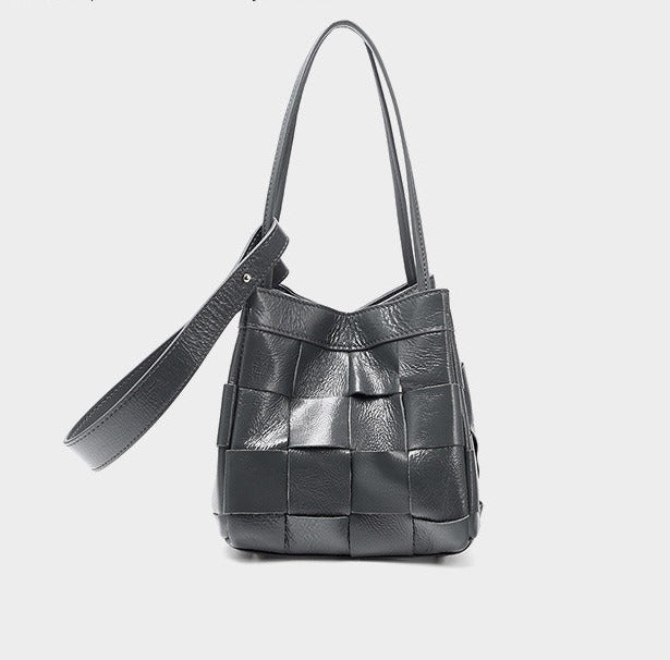 Woven Waxed Leather Crossbody Bucket Bag
