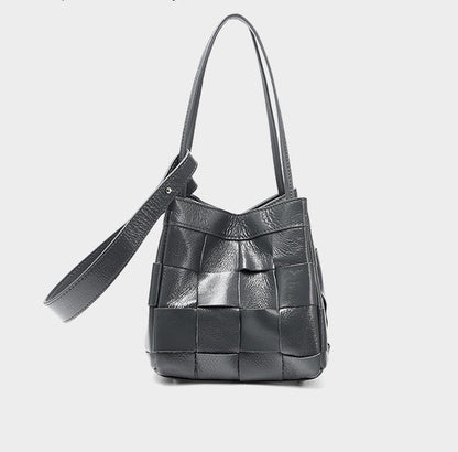 Woven Waxed Leather Crossbody Bucket Bag