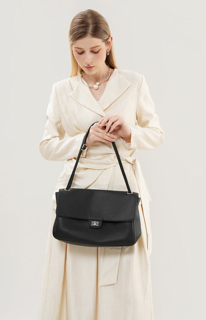 Grained Leather Turn-Lock Shoulder Bag