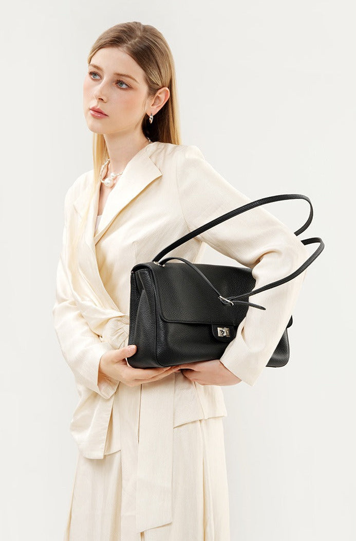Grained Leather Turn-Lock Shoulder Bag