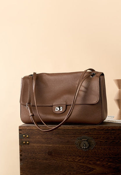 Grained Leather Turn-Lock Shoulder Bag