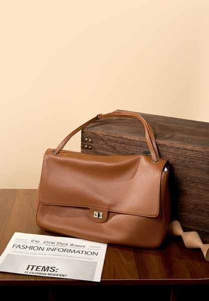 Grained Leather Turn-Lock Shoulder Bag