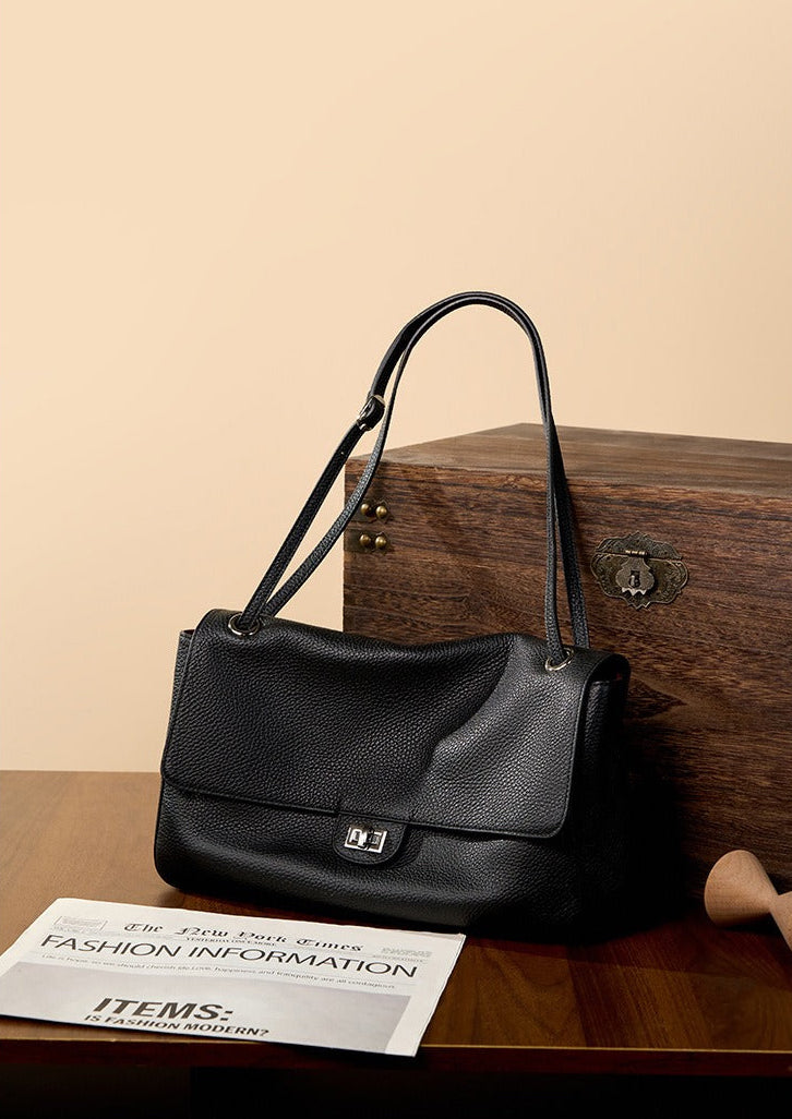 Grained Leather Turn-Lock Shoulder Bag