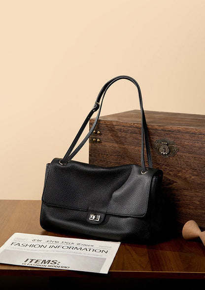 Grained Leather Turn-Lock Shoulder Bag