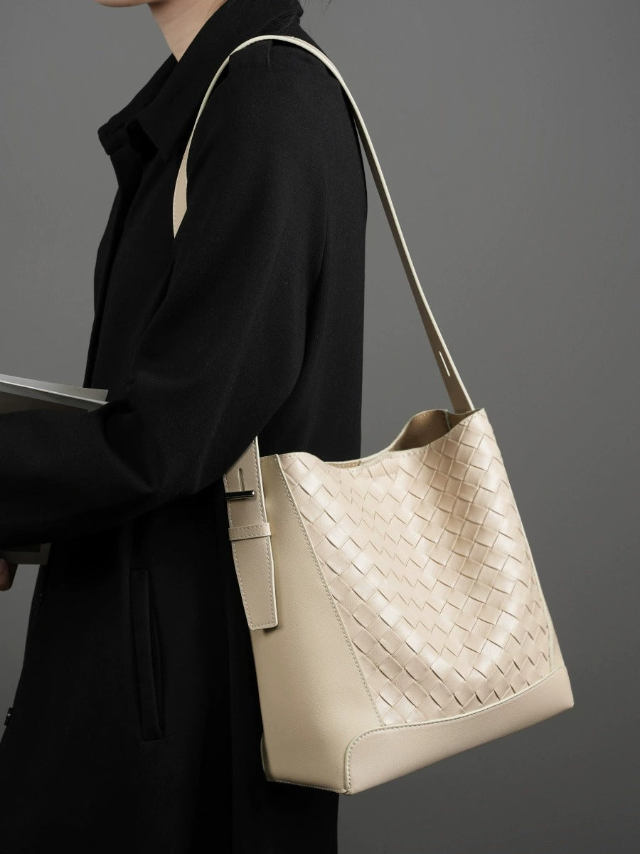 Woven Leather Bucket Shoulder Bag