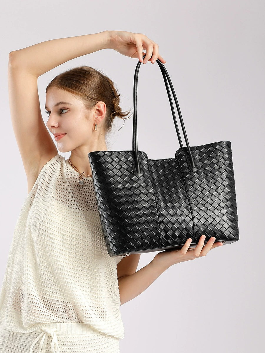 Woven Cowhide Shoulder Tote Bag