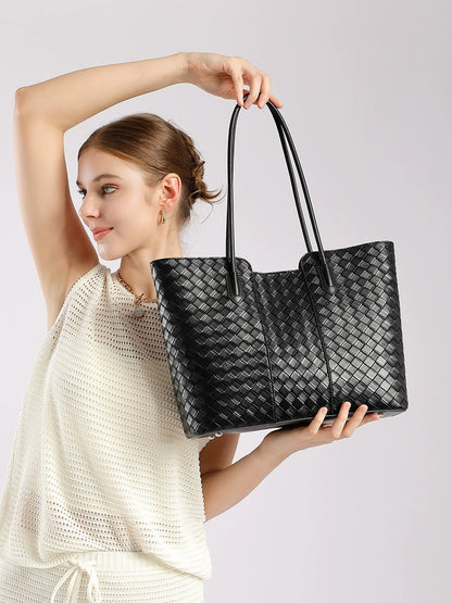 Woven Cowhide Shoulder Tote Bag