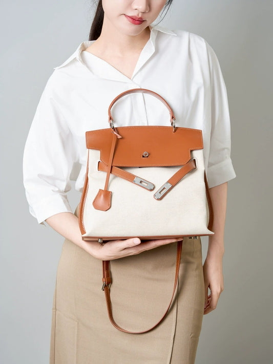 Canvas Leather Turn-Lock Top-Handle Bag