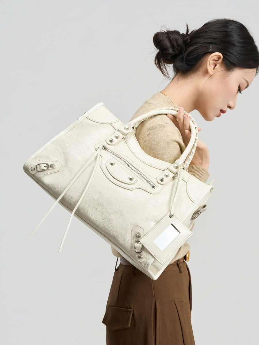 Crinkled Leather Rivet City Tote