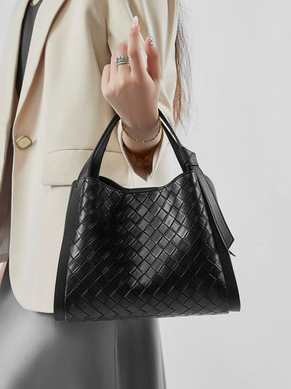 Woven Leather Bucket Tote Bag