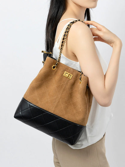 Quilted Suede Chain Bucket Bag