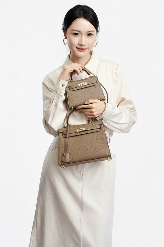 Ostrich-Embossed Genuine Leather Bag