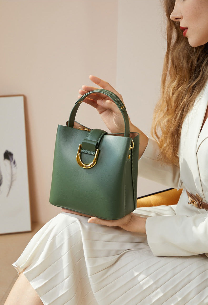 Structured Genuine Leather Bucket Bag