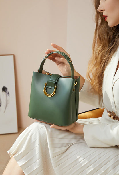 Structured Genuine Leather Bucket Bag