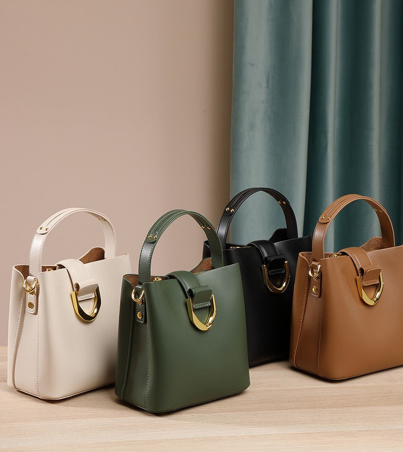 Structured Genuine Leather Bucket Bag