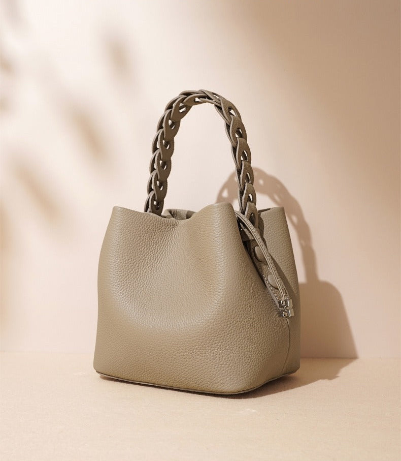 Woven Handle Cowhide Bucket Bag