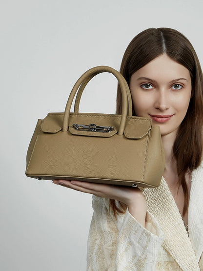 Textured Leather Twist Lock Handbag