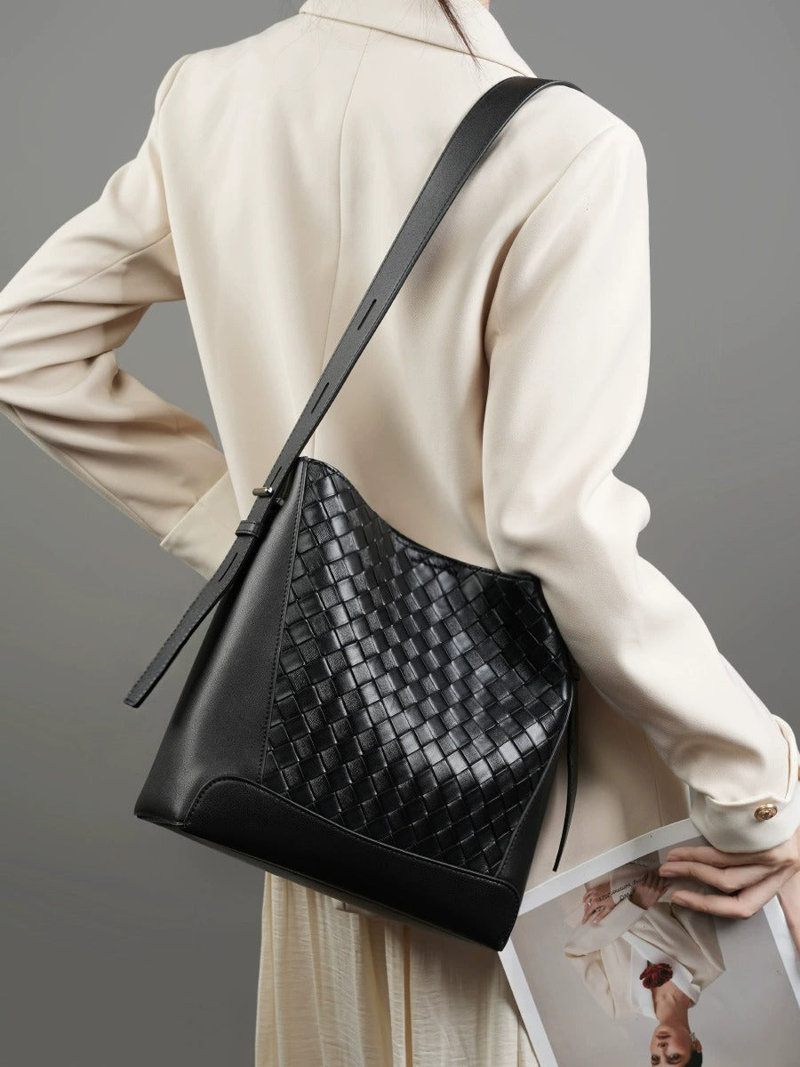 Woven Leather Bucket Shoulder Bag
