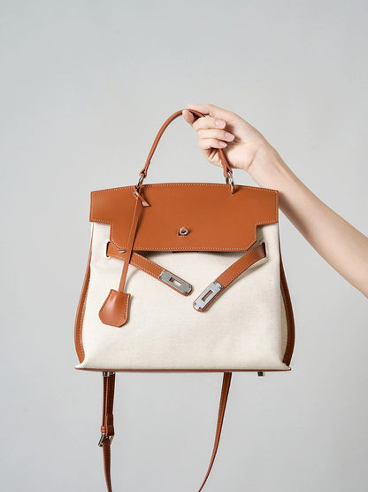 Canvas Leather Turn-Lock Top-Handle Bag