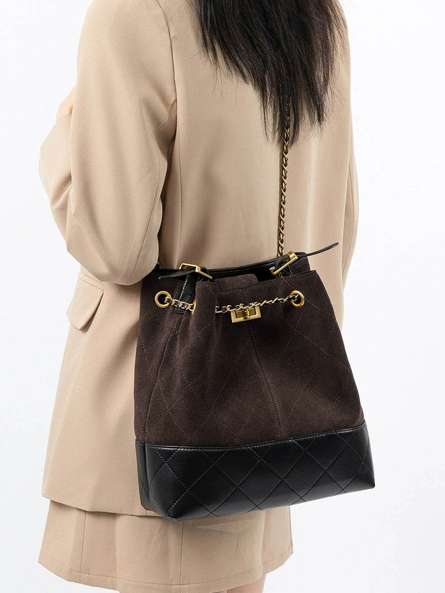 Quilted Suede Chain Bucket Bag
