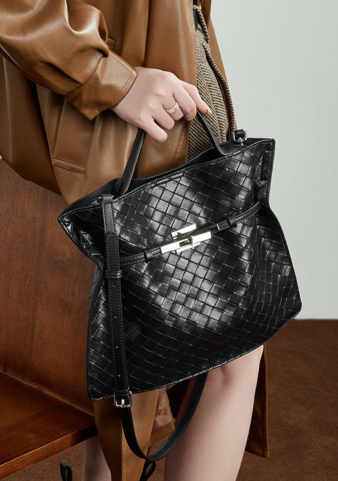 Woven Leather Convertible Tote Bag