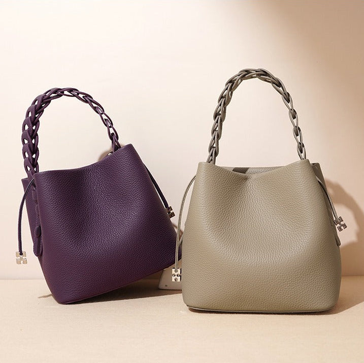 Woven Handle Cowhide Bucket Bag