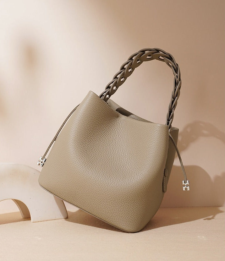 Woven Handle Cowhide Bucket Bag