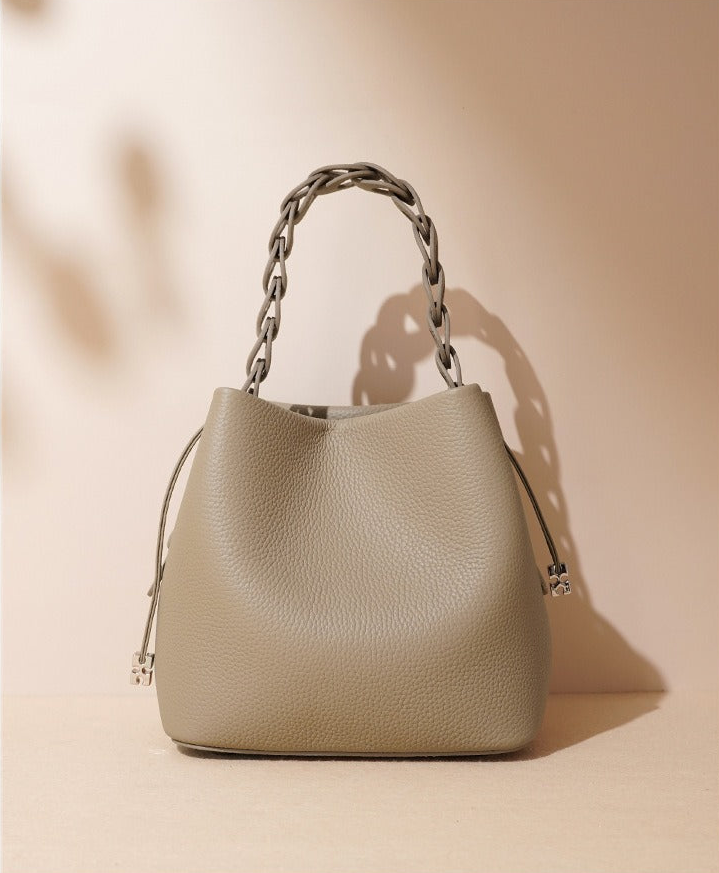 Woven Handle Cowhide Bucket Bag