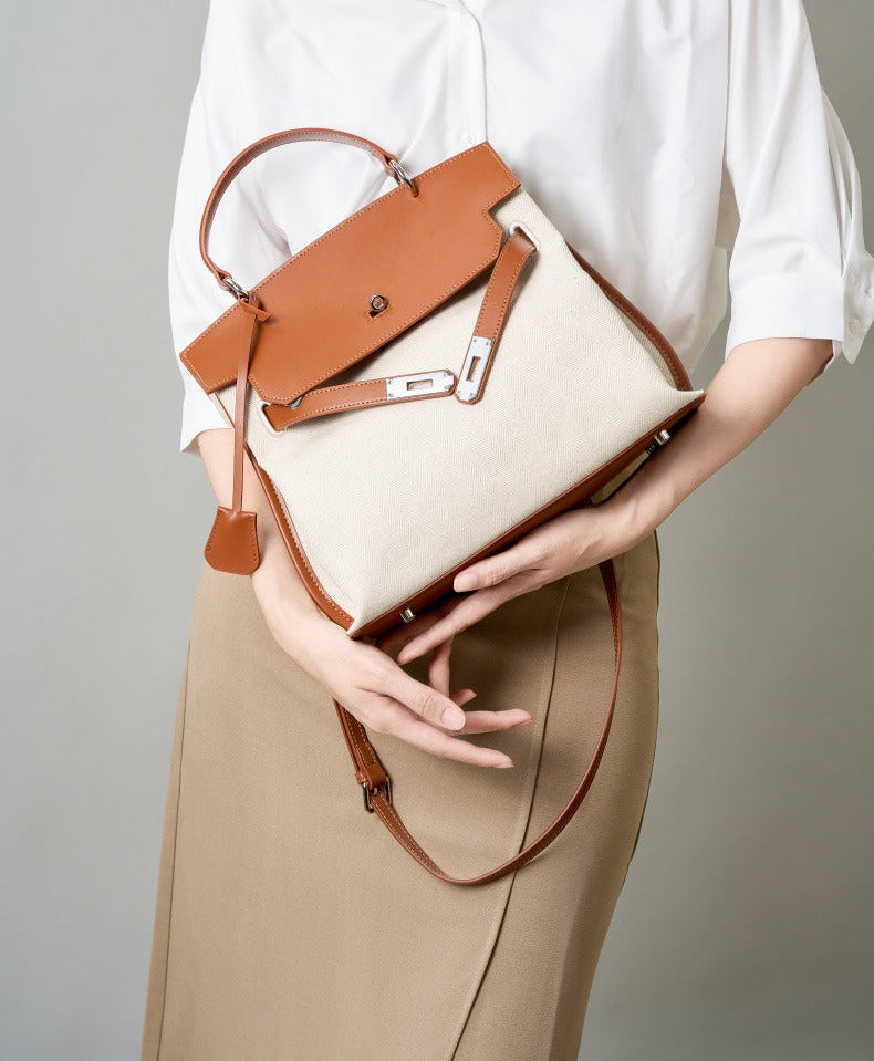Canvas Leather Turn-Lock Top-Handle Bag