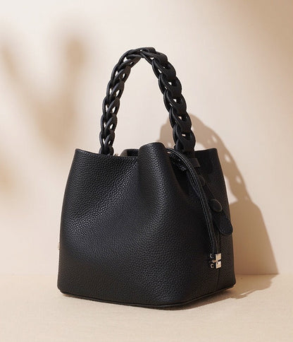 Woven Handle Cowhide Bucket Bag