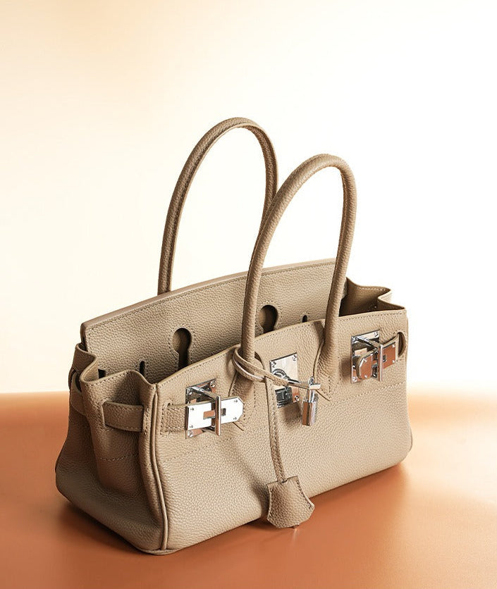 Pebbled Leather Horizontal Lock Handbag
