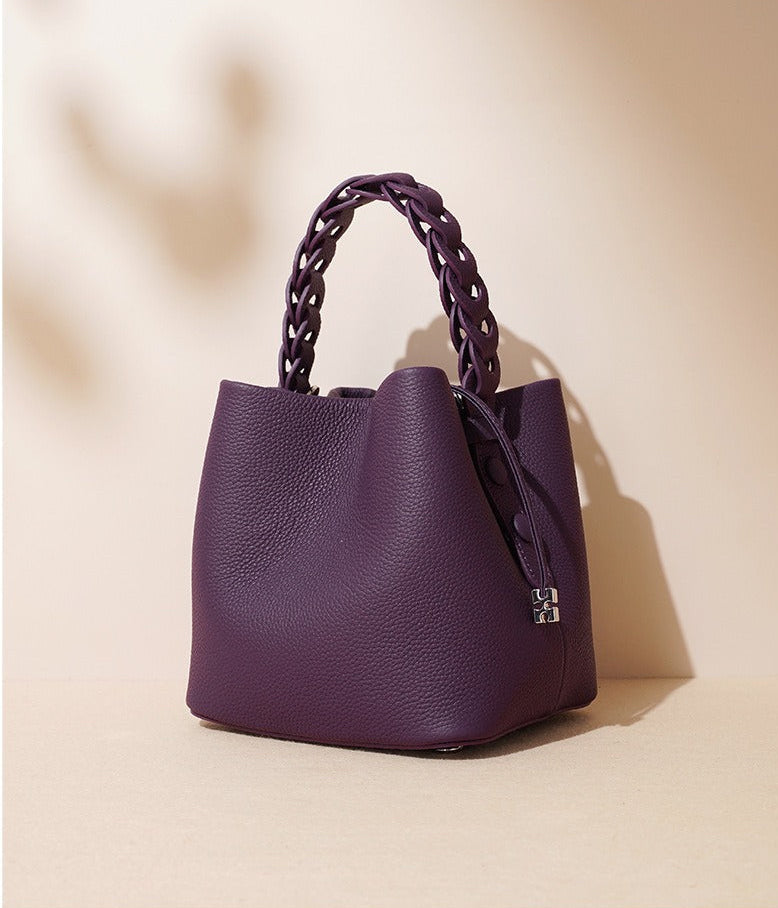 Woven Handle Cowhide Bucket Bag