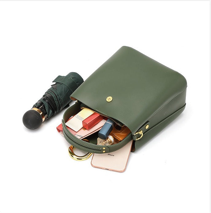 Structured Genuine Leather Bucket Bag