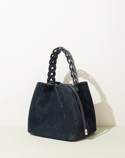 Suede Braided Handle Bucket Bag