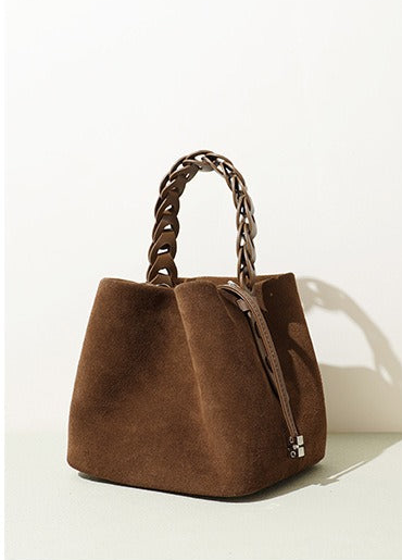 Suede Braided Handle Bucket Bag