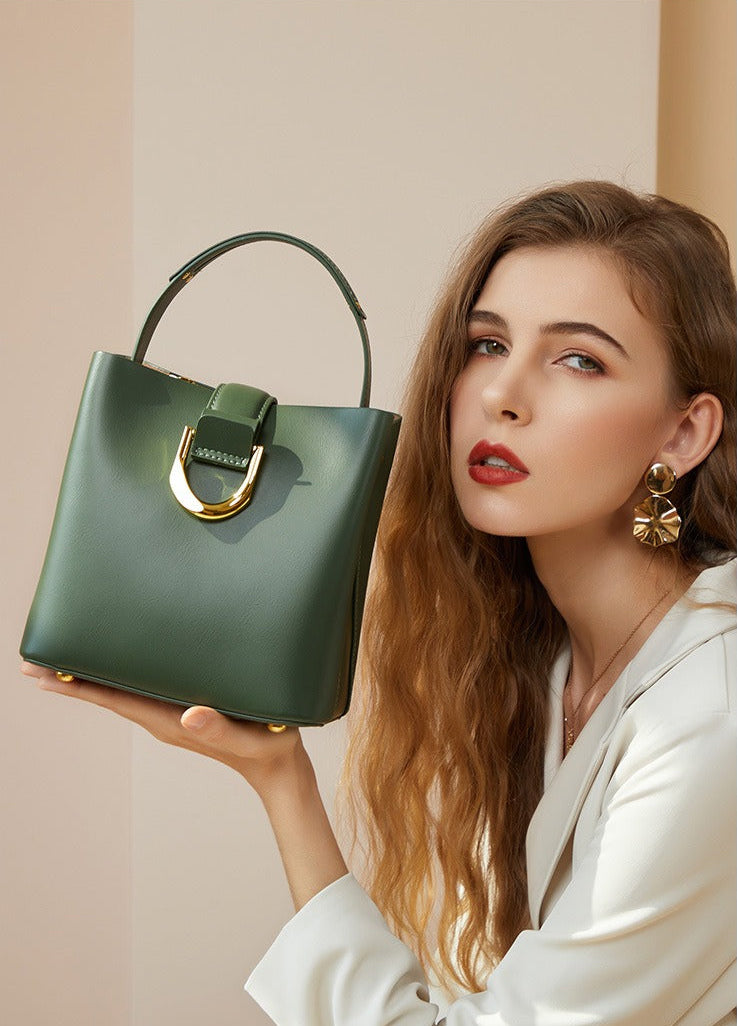 Structured Genuine Leather Bucket Bag