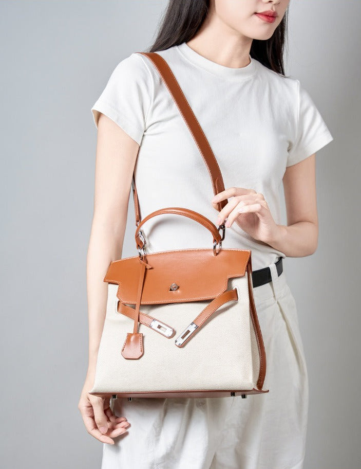 Canvas Leather Turn-Lock Top-Handle Bag