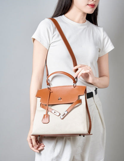 Canvas Leather Turn-Lock Top-Handle Bag
