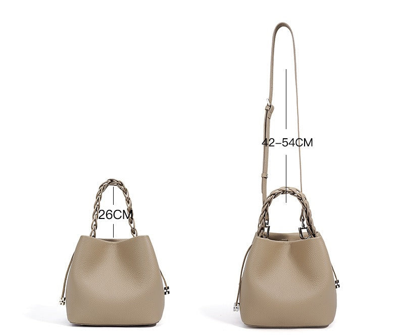 Woven Handle Cowhide Bucket Bag