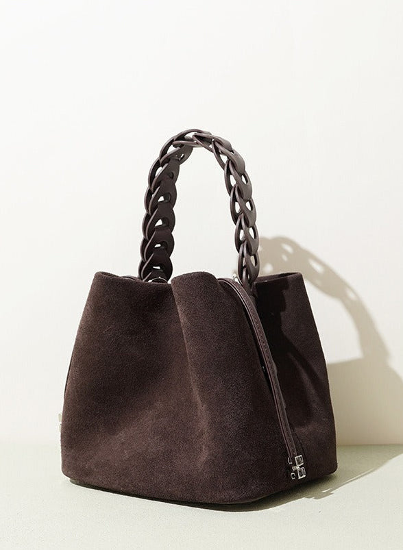 Suede Braided Handle Bucket Bag