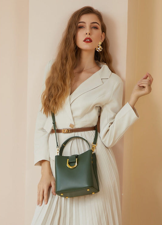 Structured Genuine Leather Bucket Bag