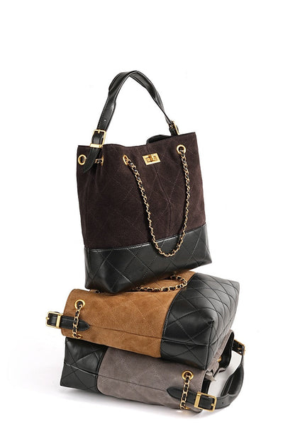 Quilted Suede Chain Bucket Bag
