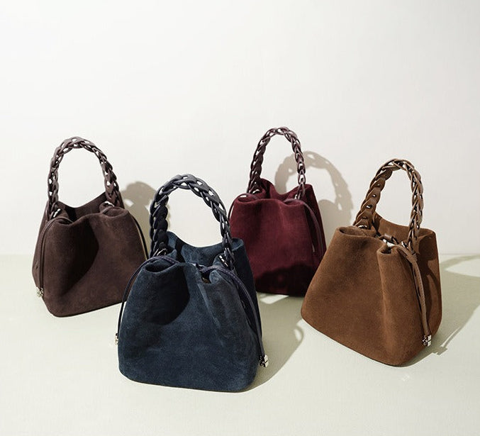 Suede Braided Handle Bucket Bag