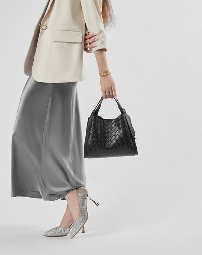Woven Leather Bucket Tote Bag